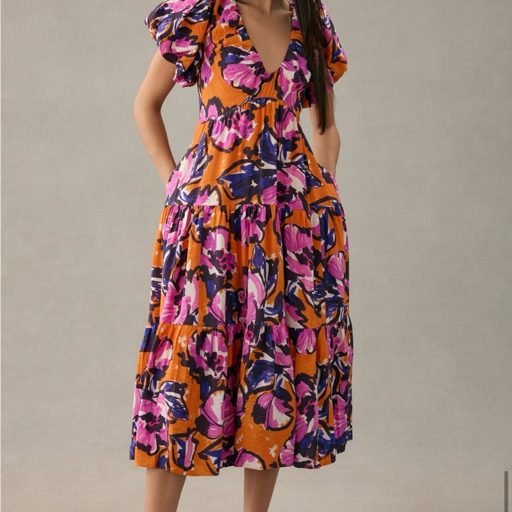Anthropologie Orange and Purple Puff-Sleeve Tie Back Dress